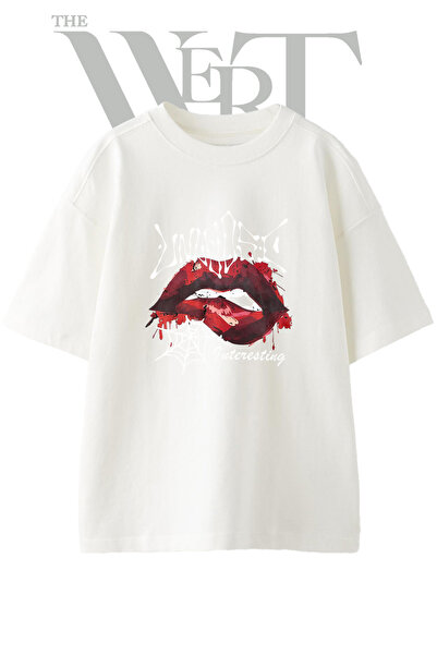 THEWERT Tricou oversize alb unisex cu imprimeu Vampir Lips Design