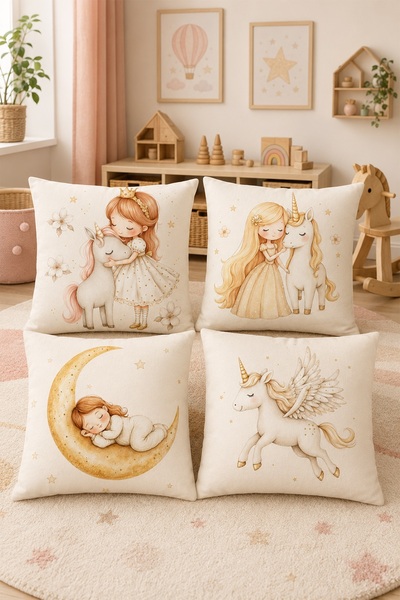 EVPANYA Yellow Unicorn and Princess Patterned 4-Piece Children's and Baby Pil...