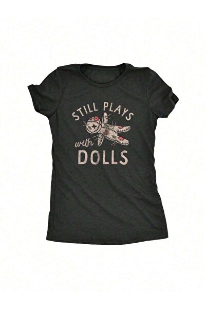 9TAY تي شيرت نسائي من Still Plays Dolls بطبعة مضحكة -% قطن، أسود مع رسومات حم...