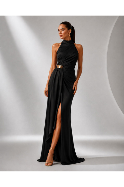 DORİDORCA Satin Evening Dress with Degaje Buckle Detail