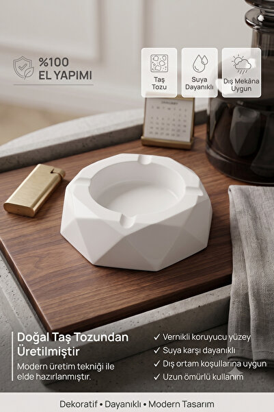 Lumiarte Dekoratif Taş Tozu Küllük - El Yapımı Modern Geometrik Beyaz Kül Tab...
