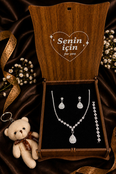 HUBANN Premium Ahşap Kutulu Gümüş Renk Damla Taşlı Su Yolu 3’lü Takı Seti Kol...