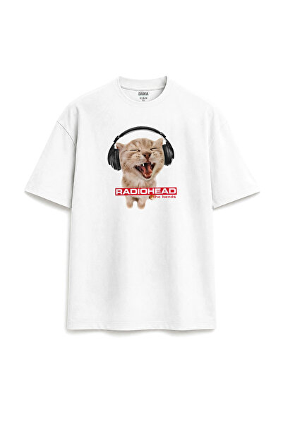 Darkia Radiohead the Bends Printed Cat Design White T-Shirt