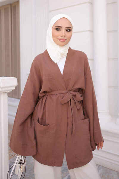 İmajButik Kahverengi Bel Kuşaklı Cepli Salaş Müslin Kimono