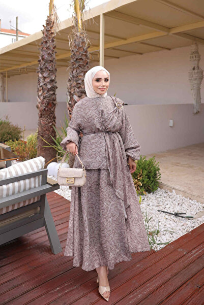 İmajButik Vizon Desenli Şal Detaylı Etekli Takım