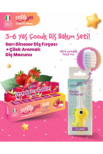 Kids Strawberry Bubble Aromalı Çocuk Diş Macunu 3-6 Yaş + Dinazor Serisi Diş Fırçası 1-5 yaş Sarı