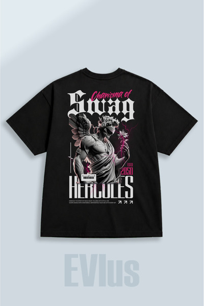 EVIus Tricou negru supradimensionat, cu imprimeu Hercules, 100% bumbac, cu de...