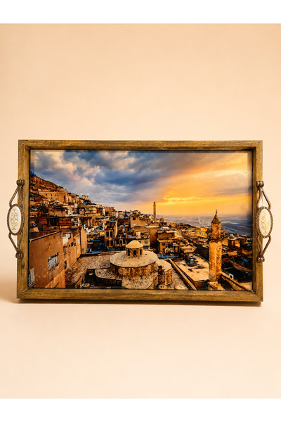 ANKAMOR Seramik El Yapımı Mardin Şehri Desenli Ahşap Kulplu Tepsi, Dekoratif ...