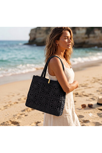 Verda Desing Boho Style Hand Knitted Paper Rope Black Shoulder Bag - Summer D...