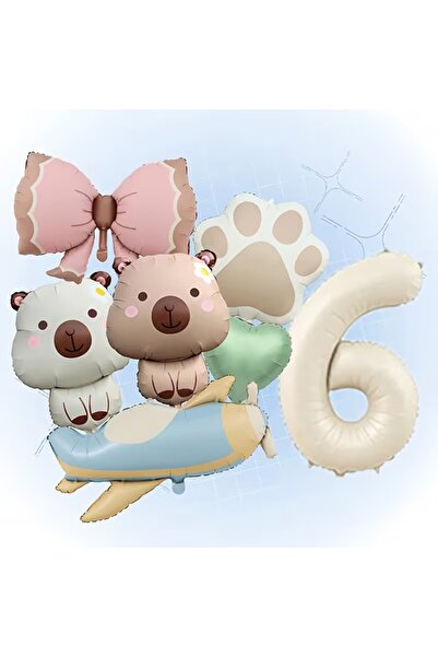 ÇITIPITISTORE Capybara Airplane Paw Bow Foil Balloon Set Party Age Celebratio...