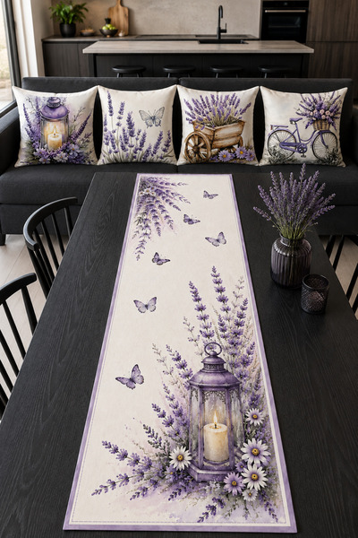 HOMESSA Purple Lavender Lantern and Bicycle Runner and Set of 4 Throw Pillow ...