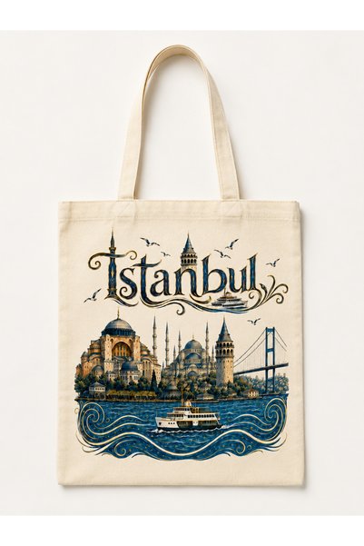 Tomris Hatun Istanbul Themed, Printed Raw Fabric Bag, Shoulder Bag, Shopping Bag