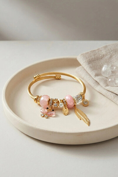 Clariss Butterfly Model Gold Color Pink Charm Bracelet