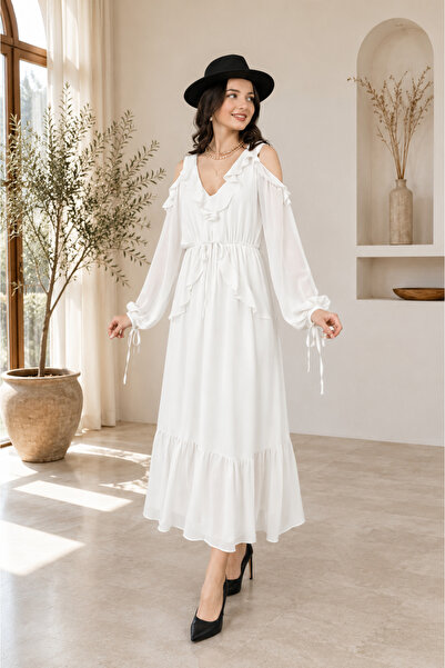 Generic Brand Women's Off-Shoulder Chiffon Maxi Dress with Ruffle Detail and ...