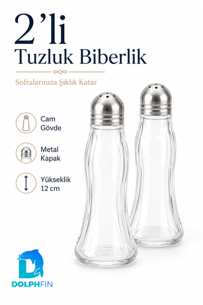 DolphFin Set of 2 Glass Salt and Pepper Shakers with Metal Lids 12 cm