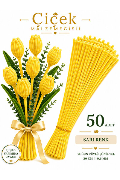 KLC Çiçek Malzemecisii 50 Adet Sarı Yoğun Tüylü Şönil Tel 30 CM | 0,6 MM | Çi...