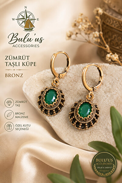 BULU'US ACCESSORIES Bulu'us Bronz Zümrüt Taşlı Vintage Küpe | Zarif Tasarım, ...