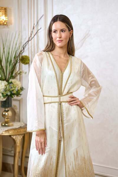 ELEGANZA LA MODE Off White, Gold Moroccan Kaftan – ELM M 665