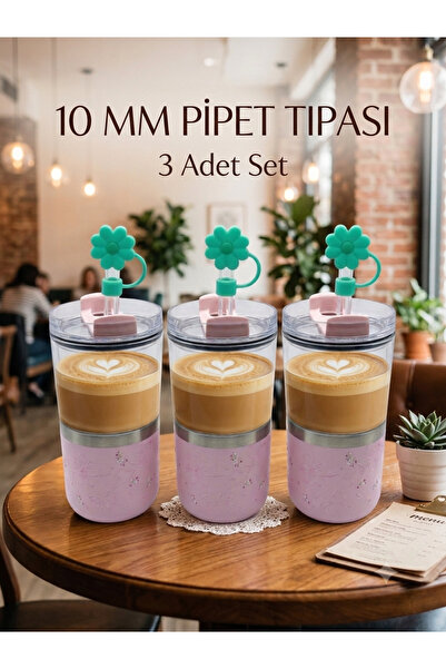madamina Set of 3 Pink Flower Detailed Silicone Straw Stoppers - 10 mm Steanl...