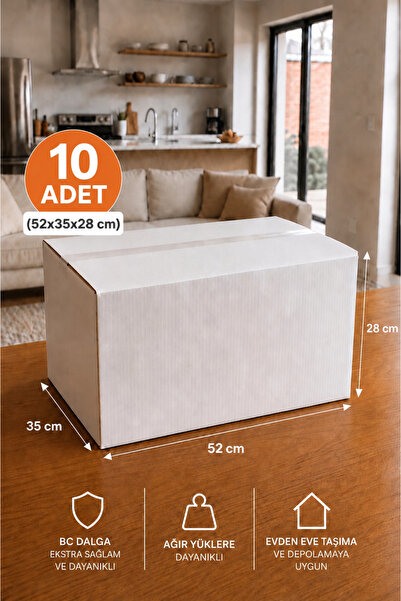 kartonya 10 Adet Ev Taşıma Kolisi 52x35x28 cm BC Dalga Beyaz Koli + 10 Adet K...