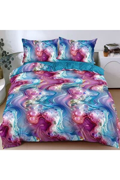 decorami Lenjerie pat dublu cu Elastic, bumbac satinat, Albastru, Mov, abstract