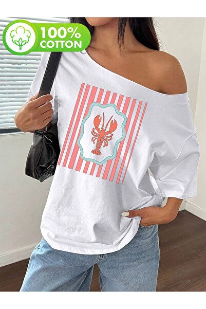 OVER HEAD Tricou de damă cu imprimeu homar, cu gât barcă și umeri goi, 100% b...