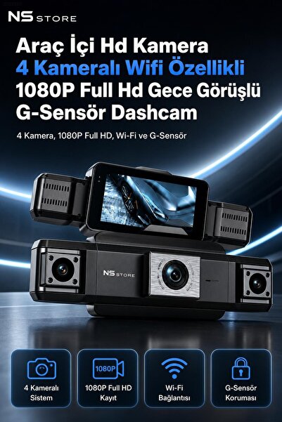NS Store 4 Kameralı Full HD Araç İçi Kamera WiFi, Gece Görüşlü G-Sensörlü 3.8...