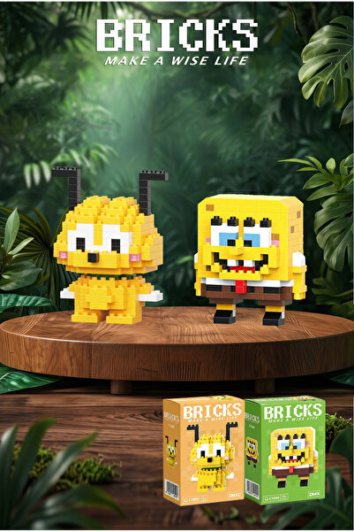 Bricks make a wise life Pluto ve Süngerbob 3D Yapboz - İkili Set - Mikro Blok...