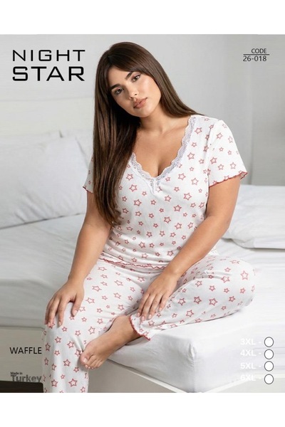 Night Star İkon Lace Detailed Pale Star Patterned Waffle Plus Size Pajama Set