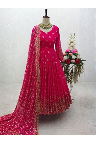 MYSMAR Rani Pink Faux Georgette Gown Bottom & Dupatta - HRT5236 | Rani Pink-S...