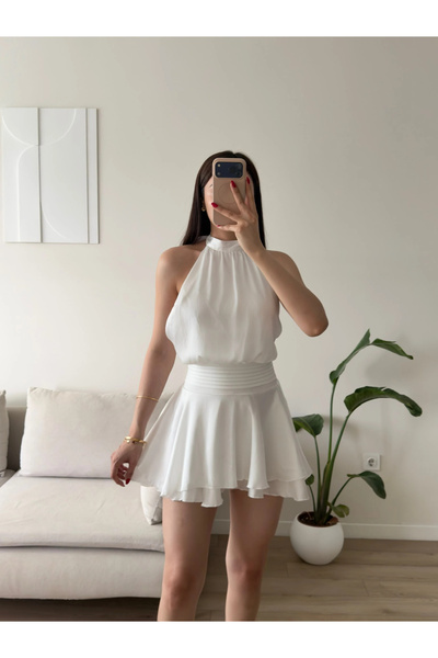 Zoom Butik Volanlı Halter Yaka Mini Elbise - BEYAZ