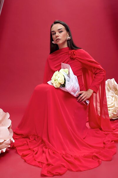 Birgül Bektaş Kırmızı Amara Şifon Şal Detaylı Abiye
