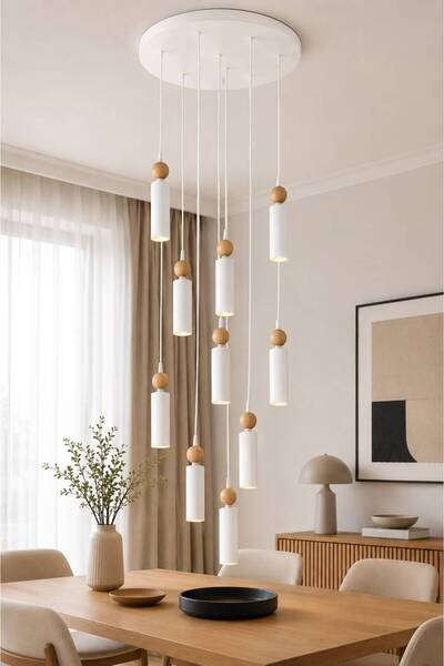 VENON Alkan 10-Piece White Wooden Spotlight Chandelier | |   195 cm Ceiling M...