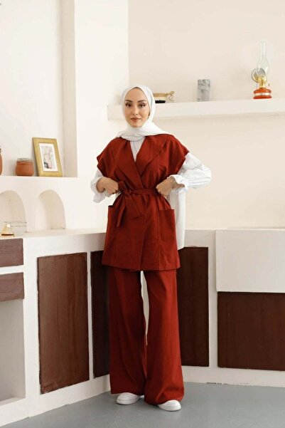 müqofficial Natural Vest Palazzo Pants Set - Tile Color