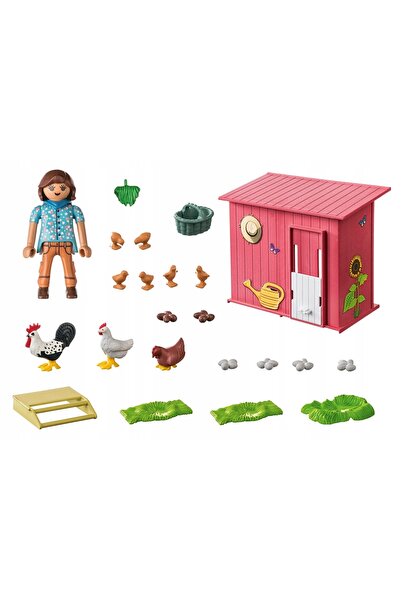 Playmobil Porumbel cu pui, cocoș, figurină curnică, fată și accesorii 4+