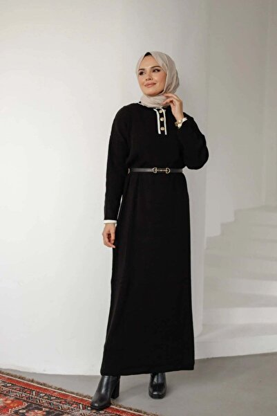 müqofficial Buttoned Piping Detail Long Knitwear Dress - Black