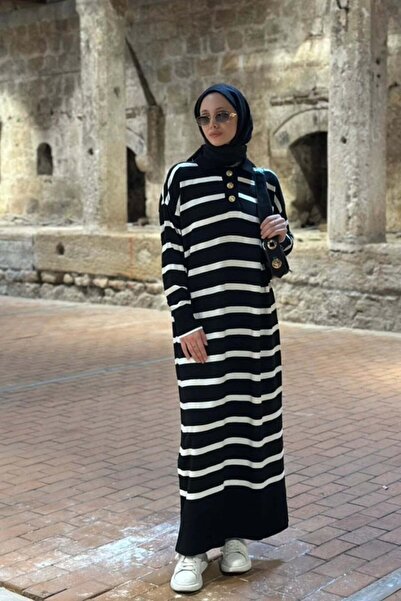 müqofficial Striped Polo Collar Knit Dress - Black