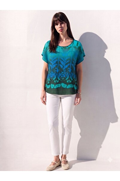 Flubutik Women's Viscose Woven Relaxed Fit Blouse Turquoise Pattern