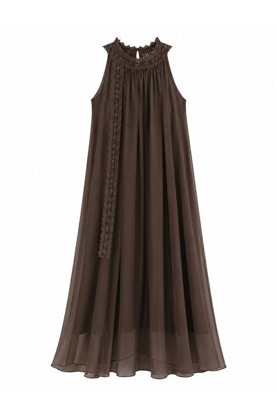 Laluvia Brown Collared Lace Long Dress - 3438