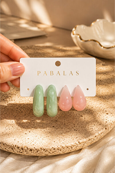 PABALAS Women's 4-Piece Earring Set Green Hoop Earrings Pink Drop Earrings Ac...