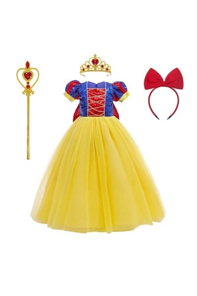OEM Rochie costum Albă ca Zăpada pentru fete, cu fundă, baghetă, coroană, ben...