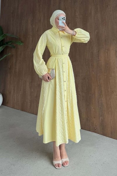 Şule Giyim Romantic Lace Detailed Dress Yellow