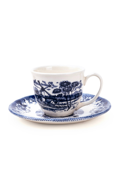 Claytan Earthenware Classic Windmill Blue Espresso Cup & Saucer, 90ml, White