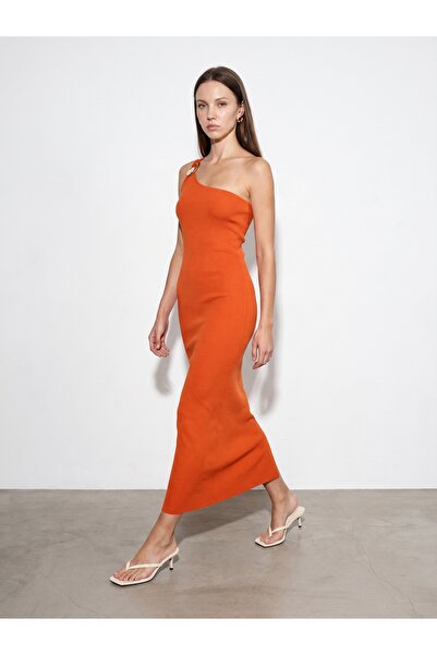 Dilvin 90270 Accessory Detailed Midi Knitwear Dress-Orange