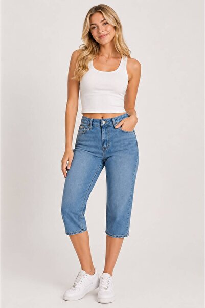 modaselda kadın Super yüksek bel buz mavisi denim kapri