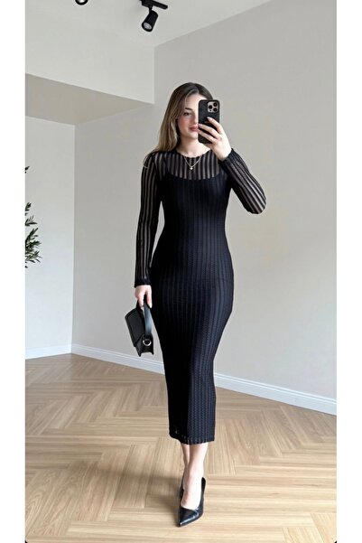 Midi Boy Çizgili Dantel Elbise 135 CM
