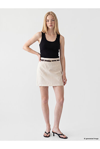 LC Waikiki Xside Beige Belted Linen Blend Mini Skirt