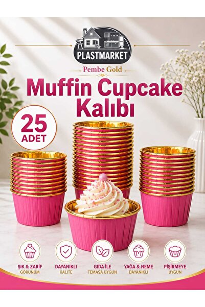PLASTMARKET 25 Adet Pembe Gold Muffin Cupcake Kalıbı | Kraft Kek Kapsülü Yağ ...