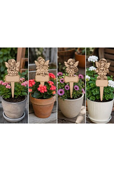 ArliaDesign 4’lü Peri Figürlü Ahşap Saksı Bitki Etiketi 13x30 cm – 3 mm MDF Bahçe ve Çiçek Süsü