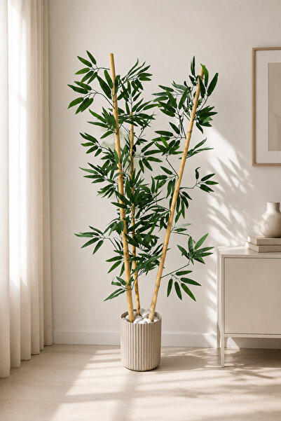 etxShop Dekoratif Yapay Yapraklı 3 Gövde Bambu Ağacı 140 Cm Yeni Ürün %100 Bambu
